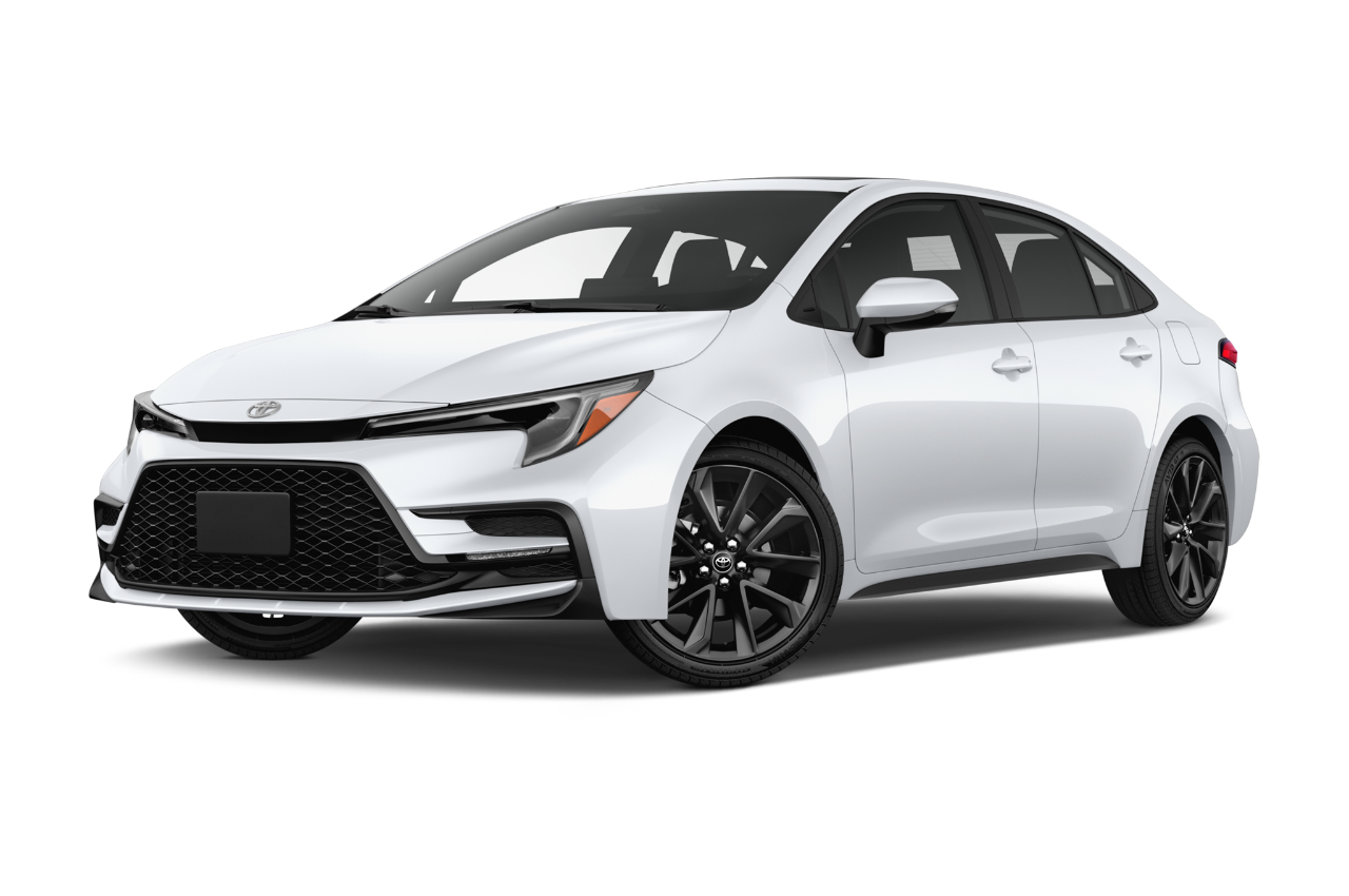 Stock pictures of low aggressive front three quarter view of 2024 Toyota Corolla SE 4 Door 2WD Sedan